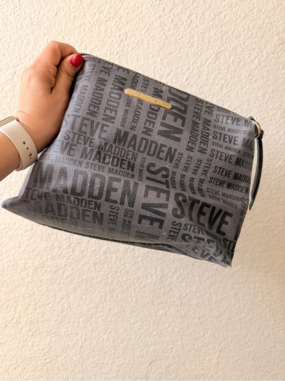 Steve Madden Gray Logo Print Toiletry Pouch with Gold Accent